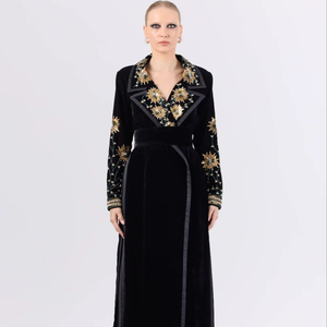 2025 Autumn/Winter New <b>Women's</b> Solid Woven Long Windbreaker Knee Style <b>Velvet</b> Coat Single Button Anti-Wrinkle Beaded Embroidery - Product Image 1