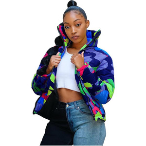 <b>Puffer</b> Bubble <b>Crop</b> Bomber <b>Jacket</b> with Printed Design Nylon Lining Thick Winter Casual Coat - Product Image 1