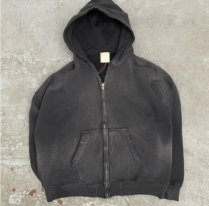 Sweat à capuche zippé personnalisé délavé à l'acide pour hommes Streetwear vintage sweats décontractés hiver polyester/coton teint uni - Product Image 3