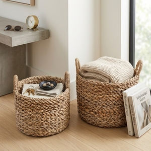 Ensemble de paniers de rangement en écorce de bananier naturelle, tressage épais, forme cylindrique, avec poignée en arche, pot de rangement, pot à linge, décoration artistique pure pour la maison - Product Image 4