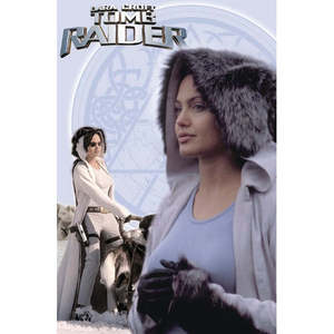 Carte postale du film Lara Croft Tomb Raider, saison hivernale, tissu tissé avec capuche en fourrure, rembourrage en fibre de polyester - Product Image 1