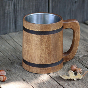 Produit le plus vendu bois naturel brillant poli taille personnalisée tasse en acier inoxydable tasse à bière en bois avec poignée vaisselle but - Product Image 3