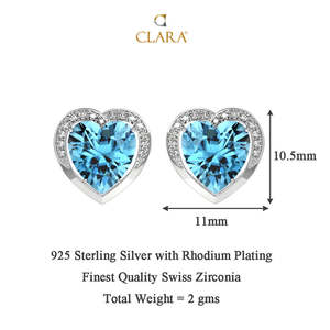 NOVAMART Fine 925 Sterling Silver Rhodium Plated <b>Stud</b> <b>Earrings</b> Sky Blue Heart Design with for Swiss Zirconia & Gift Women Girls - Product Image 5