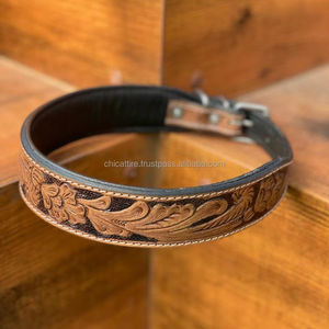 Nuevos collares de perro ajustables acolchados de cuero Floral de cuero genuino con estilo occidental - Product Image 3