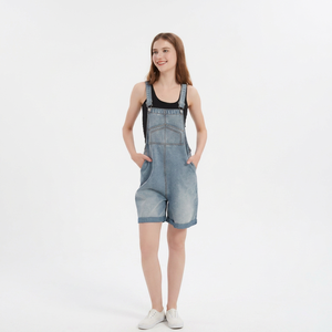 Paola Riboni - Overol Corto de Mezclilla Tejida para Mujer, Corte Holgado, Cintura Alta, Lavado Claro, Estilo Vintage Sencillo, Ropa Casual de Verano - Product Image 1