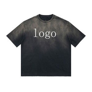 100% camisetas de algodón de gran tamaño lavadas con ácido para hombre, camiseta Vintage con logotipo personalizado, Camiseta corta de longitud larga con cuello clásico, camiseta desteñida por el sol - Product Image 2