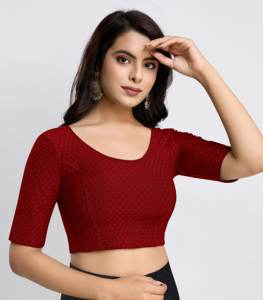 Blusa Casual de Algodón Dobby Elástico para Mujer, Color Granate, Cuello con Lazo, Tejido Liso Teñido, Manga Raglán, Media Manga - Product Image 4