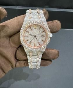 High Quality Men's 5mm Gold Watch Fully Iced Natural Diamond Ronda Quartz Movement 46mm Business Fashion Luxury Pointer Dial - Product Image 2