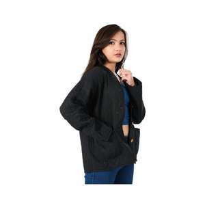Handmade Black Quilted Cotton <b>Jacket</b> for <b>Women</b> <b>Lightweight</b> Winter Coat Solid Pattern Breathable Party Wear Long Length Printed - Product Image 3