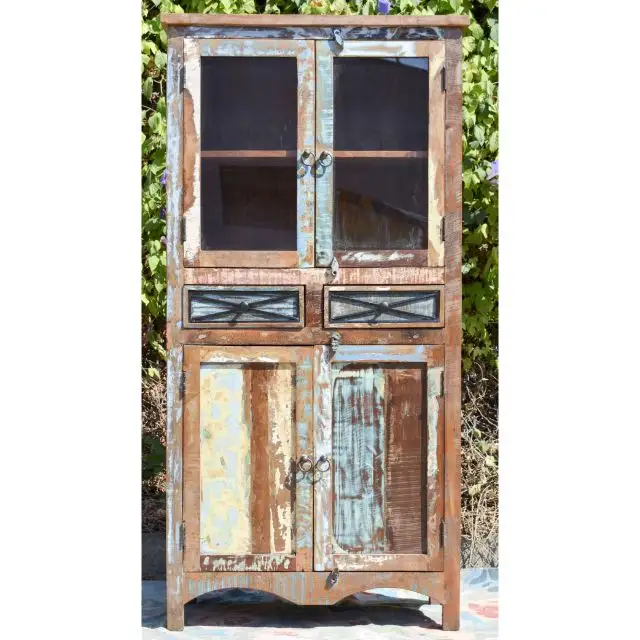 Reclaimed Solid Wood Multi Colour 2 Door 2 Drawer Long Display Unit Living Room Side Cabinet With Glass Door