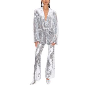 Pantalon orné de paillettes ton argent taille haute coupe évasée dissimulée fermeture éclair latérale fête pantalon de déclaration de mode - Product Image 6