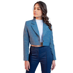 Blazer de Lana Azul para Mujer, Estilo Sororties, Antiarrugas, Cuello en V, Manga Larga, Botón Único, Tejido Sólido, Venta al Por Mayor - Product Image 1
