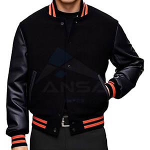 Chaqueta Universitaria Auténtica para Hombre, Cuerpo de Mezcla de Lana Suave con Mangas de Cuero Genuino, Ribete Elástico, Forro Negro y Naranja - Product Image 3