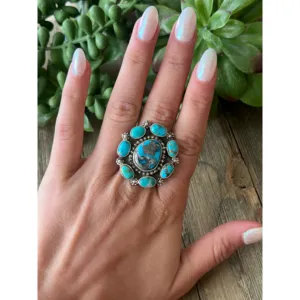 Bague en argent sterling 925 avec turquoise Kingman, taille 7.75, faite à la main, bijou en grappe, sertie clos, motif floral, pour usage quotidien - Product Image 2