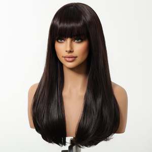 Maribel-DWY 16 Inches Glueless Synthetic <b>Wig</b> Mid-Length Curly Black with Bangs Machine Made for Women Transparent Lace - Product Image 4