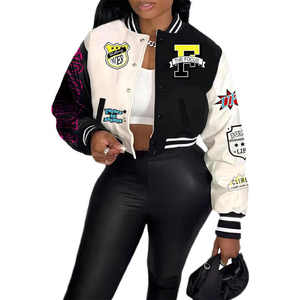 Women's Cropped Varsity <b>Jacket</b> for Winter Breathable Chenille Embroidered <b>Patches</b> Contrast Panel Arrival - Product Image 1