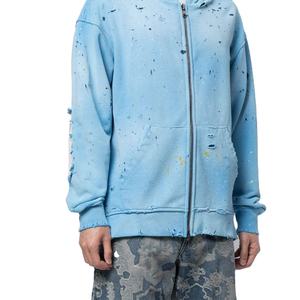 Venta al por mayor 100% algodón polar Streetwear transpirable de gran tamaño hombro caído cómodo hombres de peso pesado cremallera sudaderas con capucha desgastadas - Product Image 6