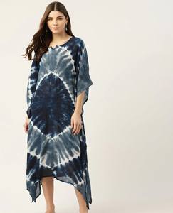 Summer Vibes Rayon Tie-Dye Women's Wear Long Kaftan Dress Round Neck Long Dress Short Sleeve Vacation & Beach Wear Long Dress - Product Image 1