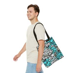Borsa Tote Urban 'Slay' Blu Chic, Leggera in PU, Design Vibrante con Graffiti, Motivo a Pezzi di Puzzle, Fodera in Poliestere, Catena - Product Image 6