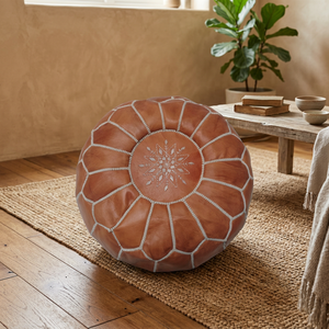 Round Embroidered Leather Pouf Cushion <b>Cover</b> Bohemian Style Handmade Stitched Design Home Decor - Product Image 3