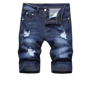 Bord Denim personnalisé hommes été droit Jeans Shorts de haute qualité bleu lourd Patchwork avec bouton décoration taille moyenne - Product Image 1