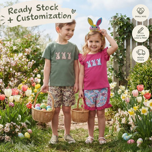 OEM/ODM/RTS Conjunto de camiseta de manga corta con estampado de conejo y pantalones cortos de camuflaje, ropa de Pascua para niños, ropa para bebés niñas, ropa para bebés niños - Product Image 1