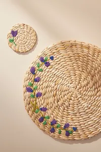 New Design Water Hyacinth <b>Large</b> Wicker Placemats With Embroider Woven Floral Embroidered Placemats for Table <b>Mat</b> Dining Table - Product Image 2