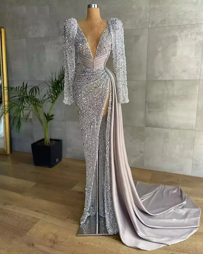 Sparkly Silver Mermaid Prom Dresses 2022 V Neck Long Sleeve High Slit Luxury African Women Formal Evening Gowns