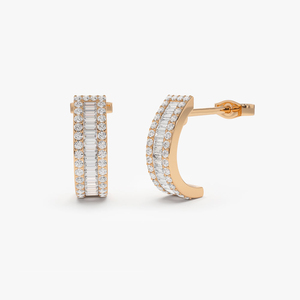 14K oro puro Baguette y redondo 0.75Ct diamante Natural Micro Pave Huggie pendientes de gama alta joyería fina hecha a medida 2025 pendientes - Product Image 2