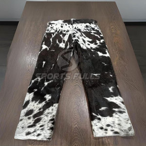 กางเกงผ้าใบคาวบอยตะวันตกสำหรับผู้ชายกางเกงหนังวัวแท้ทำมือทรงตรงสูงปานกลางมีกระดุม - Product Image 3