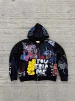 Hoodie Rajut Kustom dengan Ritsleting, Cetak DTG Seluruh Bagian, Efek Langit Berbintang Berhias Rhinestone, Hip Hop Kasual Oversized, Streetwear Berkualitas Tinggi