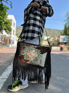 New Real Western Handcrafted Tooled Cowhide Fur Leather Handbag Women Stylish Evening Bag and Tooled Fur Clutch Unique Combo Set - Product Image 2