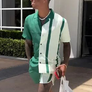 Conjunto de Camisa y Pantalones Cortos para Hombre, Color Verde y Blanco, Estilo Casual de Verano, Tela Satinada Transpirable, Dos Piezas - Product Image 2