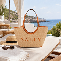 Sac à main en paille personnalisé avec logo brodé SALTY et garniture en cuir, idéal pour les vacances d'été, cadeau, sac de plage en paille