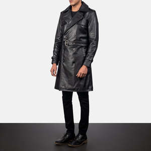 Men's Black Semi-aniline Cowhide Vintage Trench Quilted Lining Turn-<b>down</b> Collar Zipper Closure Fur Trim Waterproof Canvas Winter - Product Image 2