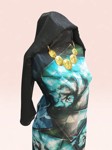 Conjunto de Vestido Swiss Dirac Negro con Estampado Geométrico Turquesa y Azul Cielo, con Chal Negro y Garbasaar Azul Bordado - Product Image 2