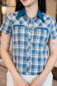 AT103 Camisa a cuadros moda Oficina mujer alta moda color básico forma buena forma retención manga corta juvenil gran oferta - Product Image 6