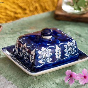 Plat à beurre peint à la main en céramique bleue argenterie faite à la main Top vente Restaurant événements de mariage Table Top plat à beurre et assiette - Product Image 1