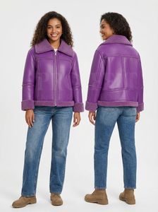 Chaqueta de Piel de Oveja Genuina Fácil de Usar en Invierno, Color Rojo, Ropa de Abrigo Cálida, Chaqueta Corta con Cremallera de Cuero Real Suave para Mujer - Product Image 4