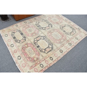 5.1x6.8 ft Vintage Rug, <b>Red</b> Check Turkish Rug <b>Wool</b> - Product Image 2