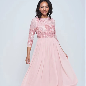 Vestido informal rosa de manga larga hasta el suelo para mujer con cuentas y lentejuelas para fiestas de primavera y verano, reuniones nocturnas - Product Image 1