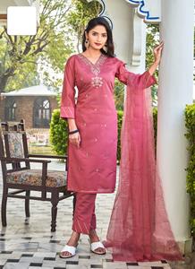 Conjunto de pantalón Kurti de seda romana de diseñador y Organza dupatta para venta en línea - Product Image 2