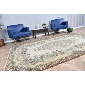 Tapis turc 5,6x8,9 pieds, tapis oriental vintage en laine marron et blanc - Product Image 2