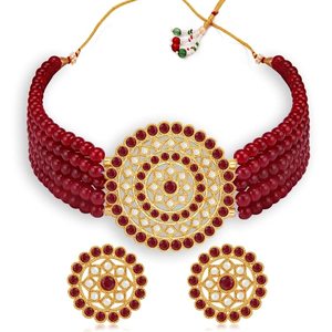 Ensemble de bijoux fins pour mariage et cadeau, collier rond blanc et bordeaux avec zircon et perle plaqué or - Product Image 3