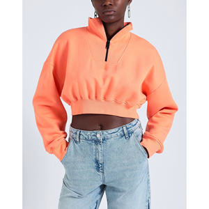 Sweat-shirt à capuche oversize en coton lourd à col montant, bleu, épaules tombantes, pour femmes, sweat-shirt à demi-zip en polaire uni - Product Image 3