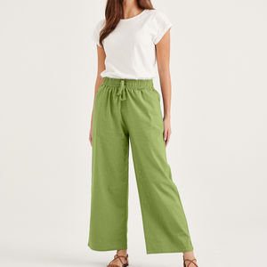 Meilleur pantalon en lin unisexe pour le printemps, pantalon de survêtement ample à jambes larges et taille XL pour dames, logo élastique, décontracté, été, acheteurs en gros - Product Image 1