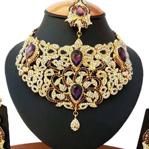 Vintage Crystal Rhinestone Flower Shape Alloy <b>Jewelry</b> Set Necklace Earrings Headpiece Gold Plated Purple Women Wedding Party - Product Image 2
