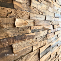 Pangestu Série Bio – Revêtement Mural Acoustique Moderne en Bois de Teck Recyclé à Texture Géométrique 3D Effet Écorce Naturelle Rustique pour Villa et Maison