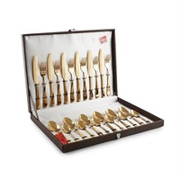 Ensemble de couverts de mariage de luxe en métal personnalisé brillant, 5 pièces, or, acier inoxydable, manche fin, cuillère, fourchette, couteau, boîte en bois, hôtel