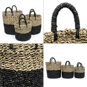 Natural Seagrass Storage <b>Basket</b> Set Black Bottom Dip Wrapped Handle Round Pot Planter Laundry Setup Decor Pure Art Design - Product Image 3